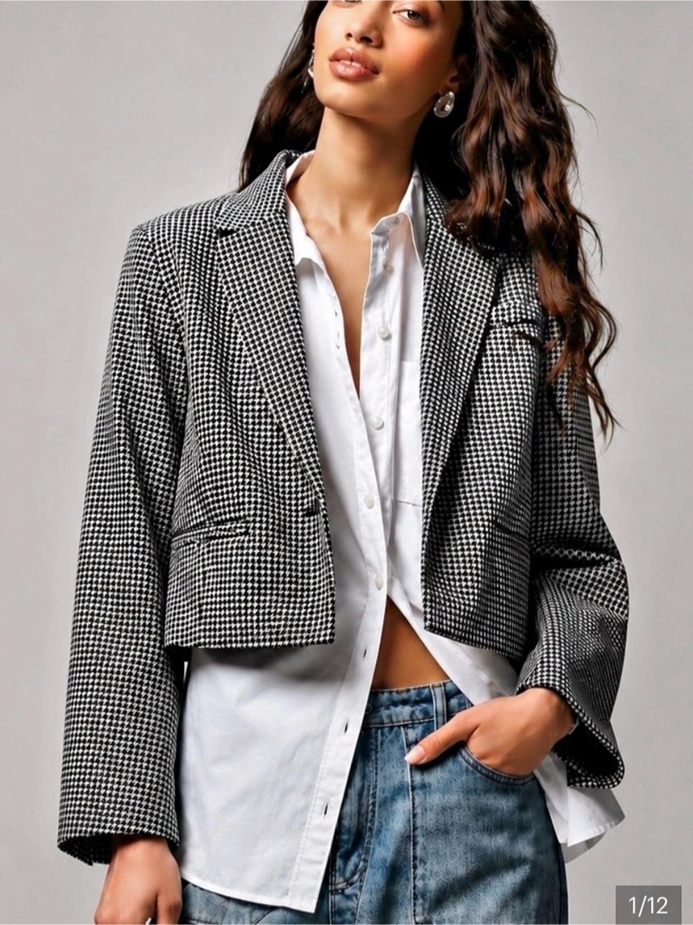 maeve Houndstooth Cropped Blazer in Black & White Size Large NWT